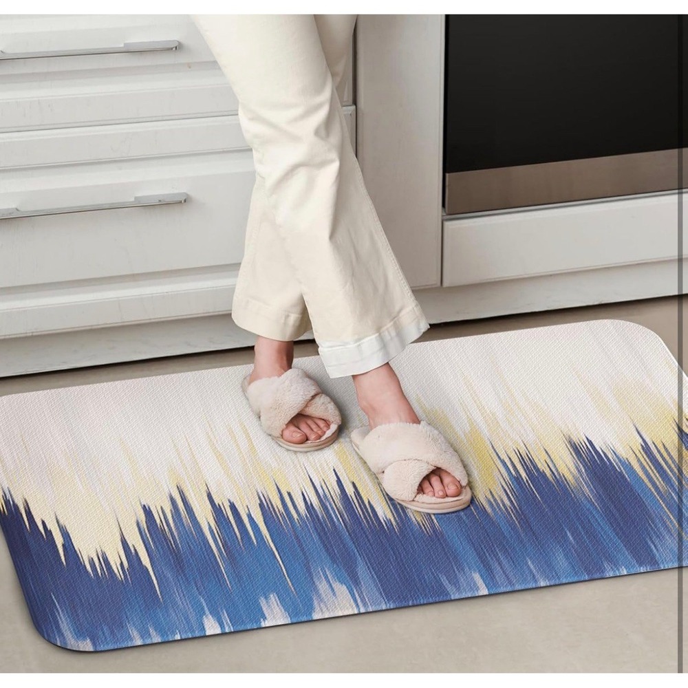 New 17"x47" Anti-Fatigue Kitchen Mat – Abstract Blue, Grey & Gold Wave